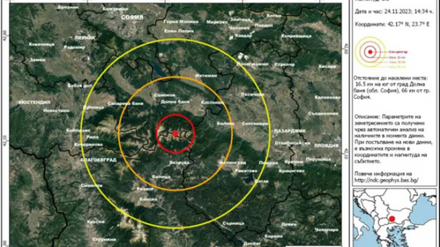Леко земетресение е усетено край София