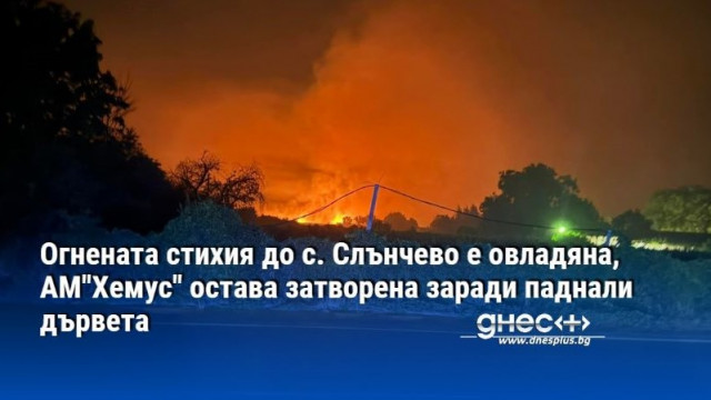 Огнената стихия до с. Слънчево е овладяна, АМ"Хемус" остава затворена заради паднали дървета